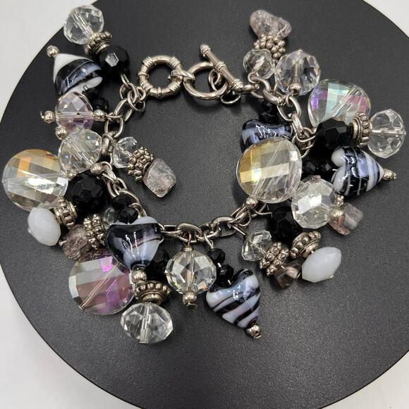 Black White Heart Art Glass Faceted Beads, Ab Beads Murano Cha Cha Bracelet - Picture 2 of 8